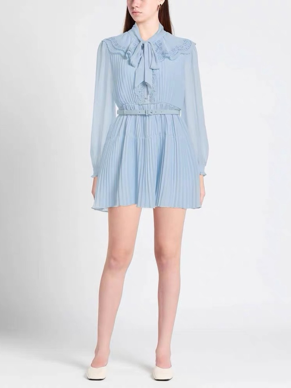 Self-Portrait Light Blue Pleated Tie-Neck Mini Dress